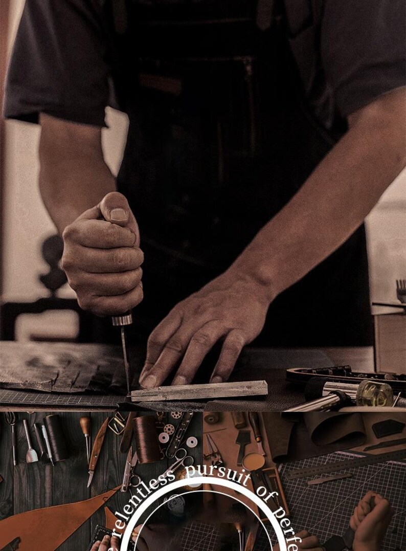 Puede incluir: Un artesano trabajando con cuero, utilizando una herramienta manual para dar forma a un trozo de material. La imagen muestra varias herramientas y suministros de marroquiner&iacute;a, incluyendo cuchillos, agujas e hilo. El texto en la imagen dice "relentless pursuit of perfect".