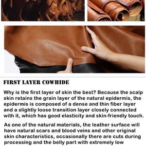 Puede incluir: Imagen de varias pieles de cuero marr&oacute;n, algunas colgadas y otras enrolladas. El texto "ZOYETT ORIGINAL DESIGN&reg;" y "FIRST LAYER COWHIDE" tambi&eacute;n son visibles.