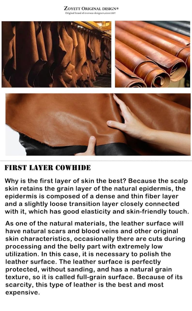 Puede incluir: Imagen de varias pieles de cuero marr&oacute;n, algunas colgadas y otras enrolladas. El texto "ZOYETT ORIGINAL DESIGN&reg;" y "FIRST LAYER COWHIDE" tambi&eacute;n son visibles.
