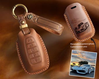 Funda para llave cosida a mano para Hyundai Fiesta, Kutsu, Kona, Santa Fe, etc., con hebilla protectora de cuero genuino. Dibujo lineal personalizado.