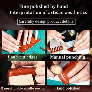 Puede incluir: Imagen que muestra la artesan&iacute;a en cuero. Muestra bordes cortados a mano, punzonado manual, costura con doble aguja y pulido a mano. El texto dice: "Finamente pulido a mano, Interpretaci&oacute;n de la est&eacute;tica artesanal, Dise&ntilde;ar cuidadosamente los detalles del producto."