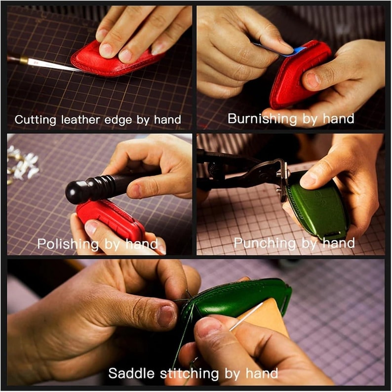 Puede incluir: Un collage de im&aacute;genes que muestra el proceso de elaboraci&oacute;n de un art&iacute;culo de cuero. Los pasos incluyen cortar, bru&ntilde;ir, pulir, perforar y coser a mano. El cuero es rojo y verde.
