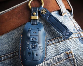 Hand-stitched genuine leather Key fob Cover for Ford Fusion F150 Mondeo Edge Explorer Mustang Lincoln ,Personalized line drawing,Unique Gift