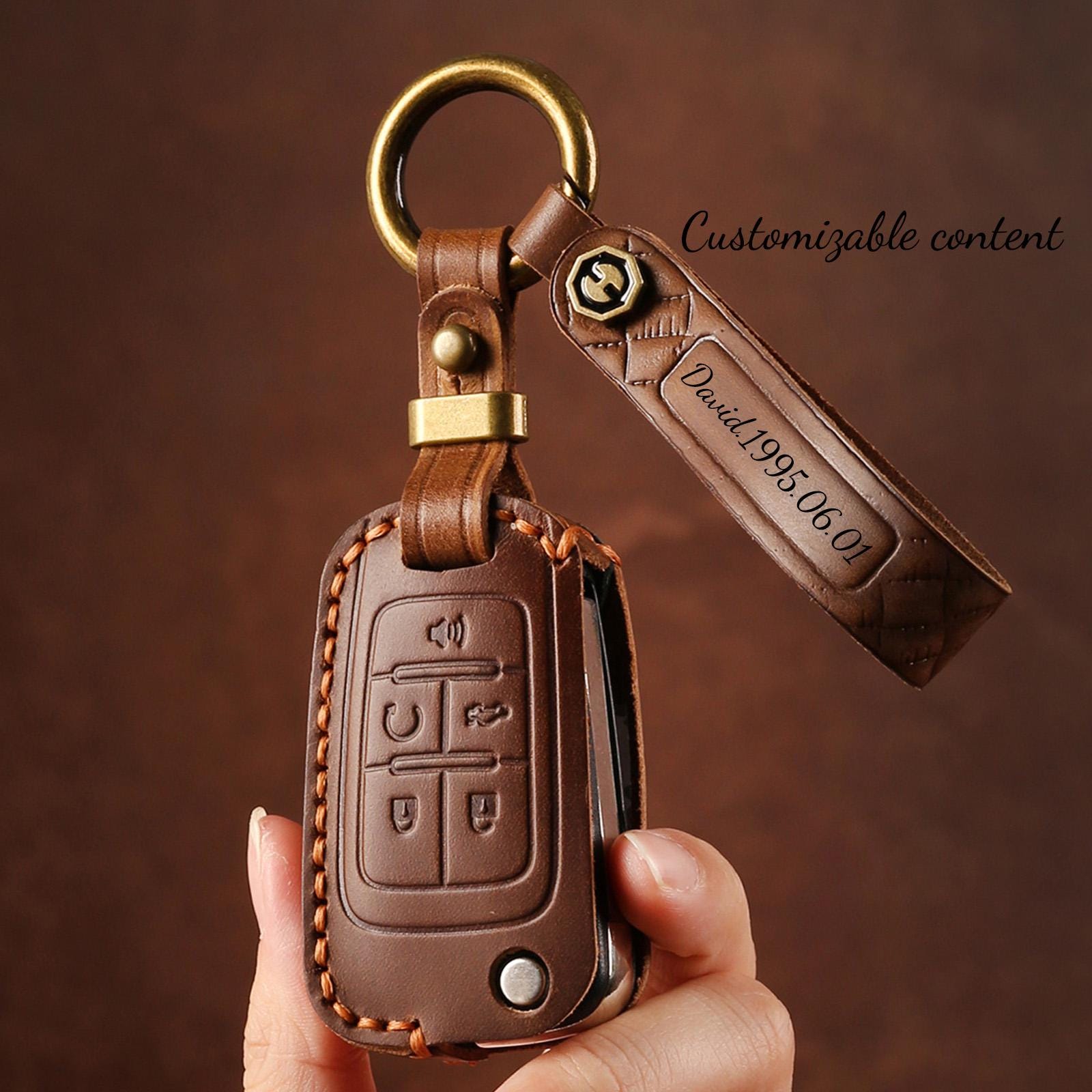 OFF WE GO Leather Key Fob Cover For Buick Envision, Chevy Suburban/Tahoe, GMC Yukon/Sierra - 5 Button Protection