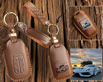 Etui na kluczyk z prawdziwej skóry, szyte ręcznie, do Hondy Civic Accord CR-V HR-V Pilot Passport, z personalizowanym rysunkiem linii, wyjątkowy prezent