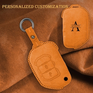May include: Orange leather key fob with a silver keyring and the text "PERSONALIZED CUSTOMIZATION" at the top. The fob has a button design and a black dot. A second fob is shown with the name "ALEPPI" and the letter "A".