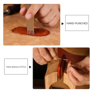 Puede incluir: Imagen en dos partes que muestra la elaboraci&oacute;n de cuero. La imagen superior muestra un proceso perforado a mano con una herramienta en forma de tenedor sobre una pieza de cuero marr&oacute;n. La imagen inferior muestra un proceso de costura con aguja doble. Se incluye el texto "HAND-PUNCHED" y "TWIN-NEEDLE STITCH".