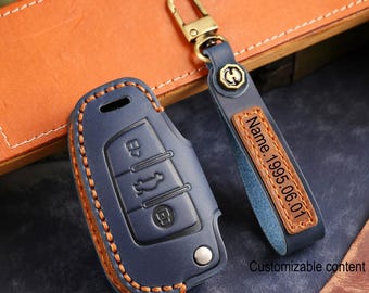 Personalized HandSewn Cowhide Leather Car Key Fob Cover for Audi A1 A3 A4 A6 A8 Quattro Q3 Q7 S3 S6 RS3 RS6 R8 TT TTS   Flip Key Case Cover