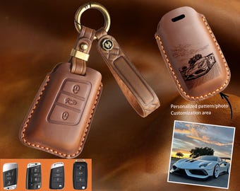 Met de hand gestikte rundleer sleutelhanger beschermhoes voor Volkswagen-serie,VW-hoes Gepersonaliseerde lijntekening