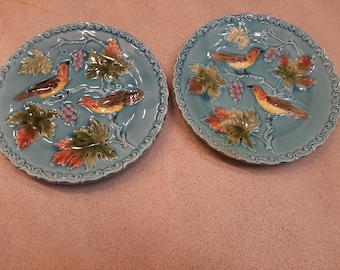 Vintage Majolica German Plates Birds/Grapevines Blue Pair
