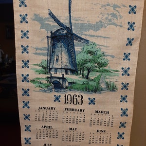 Vintage 1963 Linen Calendar Windmill Delft Excellent Shape MCM - Etsy