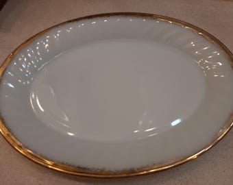 Vintage Fire-King Milk Glass Oval Serving Platter Anchor Hocking Gold Edge
