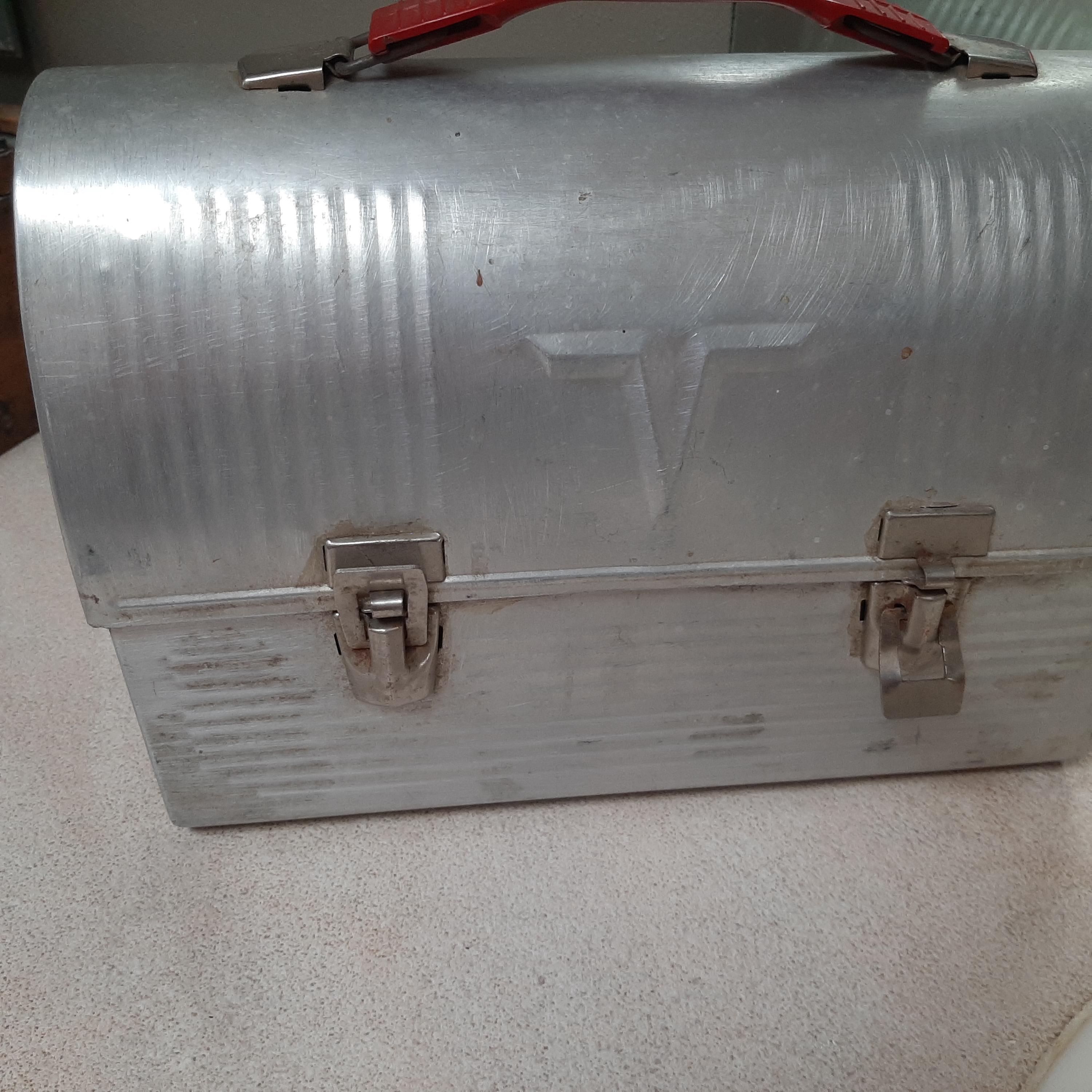 Vintage THERMOS Brand Silver Aluminum Domed Miners Work Lunch Box 1960's V Victory