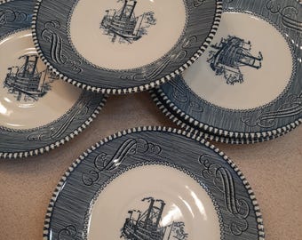 Vintage Currier & Ives 6-tums fat tallrikar blå transferware ångbåt parti (6)