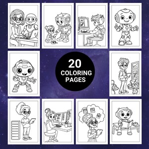 May include: A collection of 20 coloring pages featuring robots and children interacting with technology. The black and white illustrations depict various scenes, including robots, computers, and children using tablets. The pages are designed for coloring.
