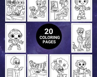 May include: A collection of 20 coloring pages featuring robots and children interacting with technology. The black and white illustrations depict various scenes, including robots, computers, and children using tablets. The pages are designed for coloring.