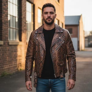 Może przedstawiać: Brązowa i beżowa skórzana kurtka ze wzorem skóry węża w klasycznym stylu motocyklowym. Kurtka ma kołnierz z klapami, asymetryczny zamek błyskawiczny, wiele kieszeni i srebrne okucia. Model ma na sobie czarny t-shirt i niebieskie dżinsy.