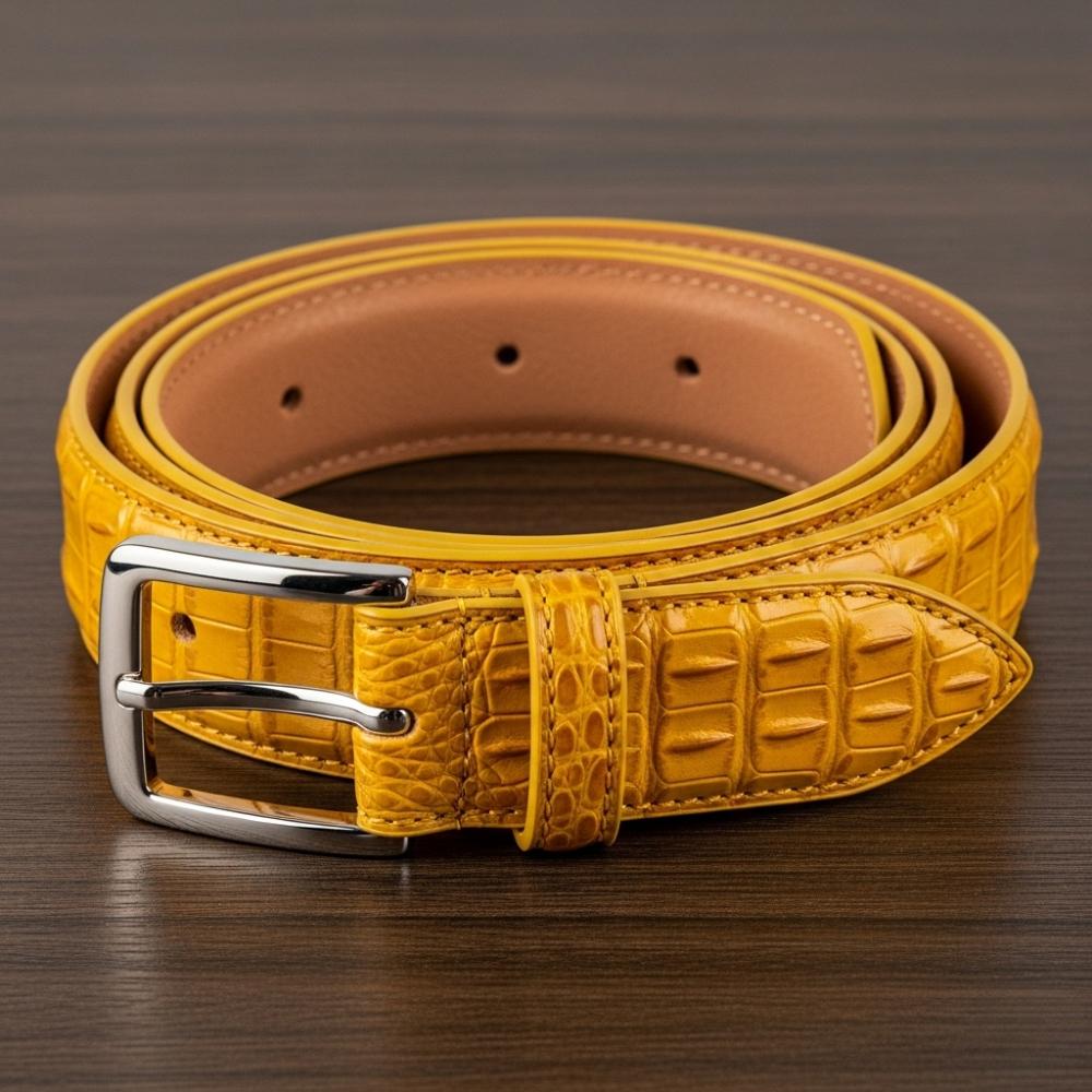 Yellow Crocodile Leather Belt, Brass Buckle, Men display picture 2