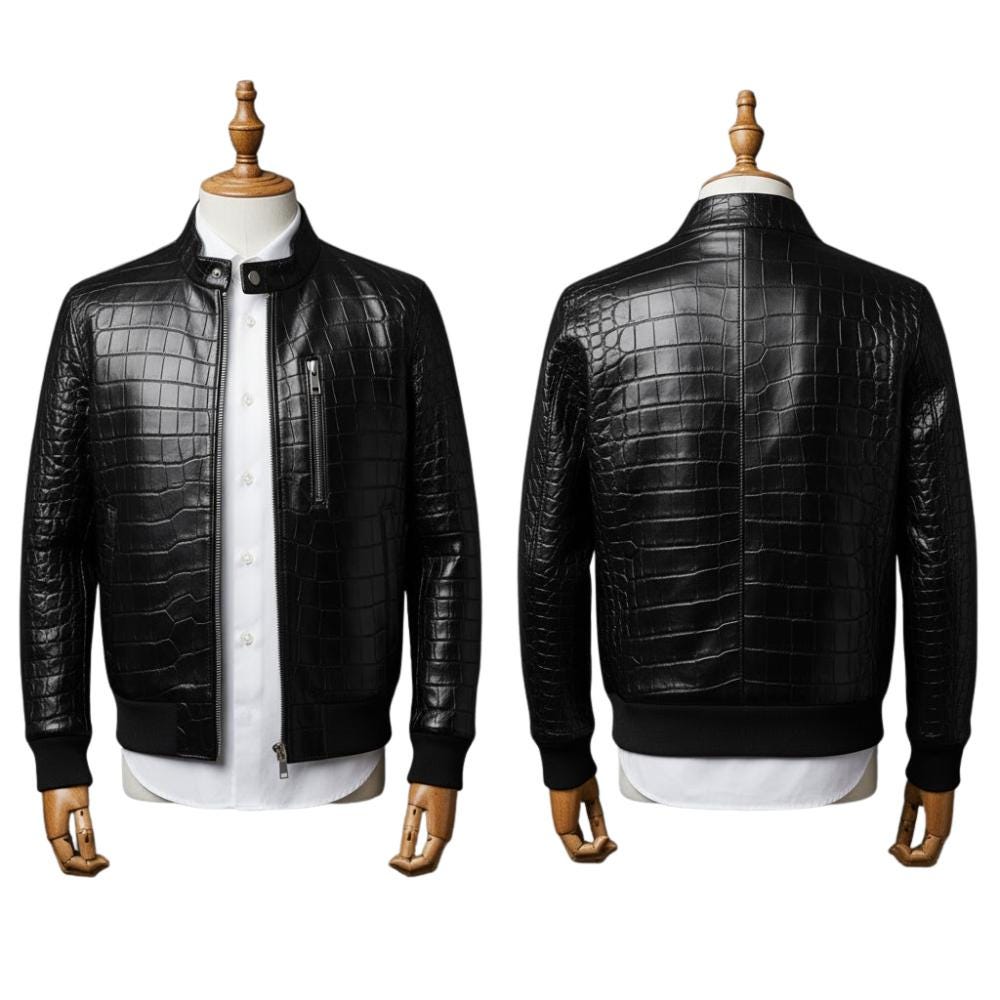 Handmade Black Crocodile Embossed Leather Jacket: Gothic Biker
