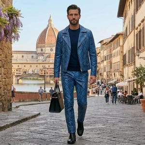 May include: A blue snakeskin-patterned jacket and matching pants. The jacket has a classic biker style with a zipper closure. The outfit is paired with a black top, black leather boots, and a black leather handbag. The background shows a European city.