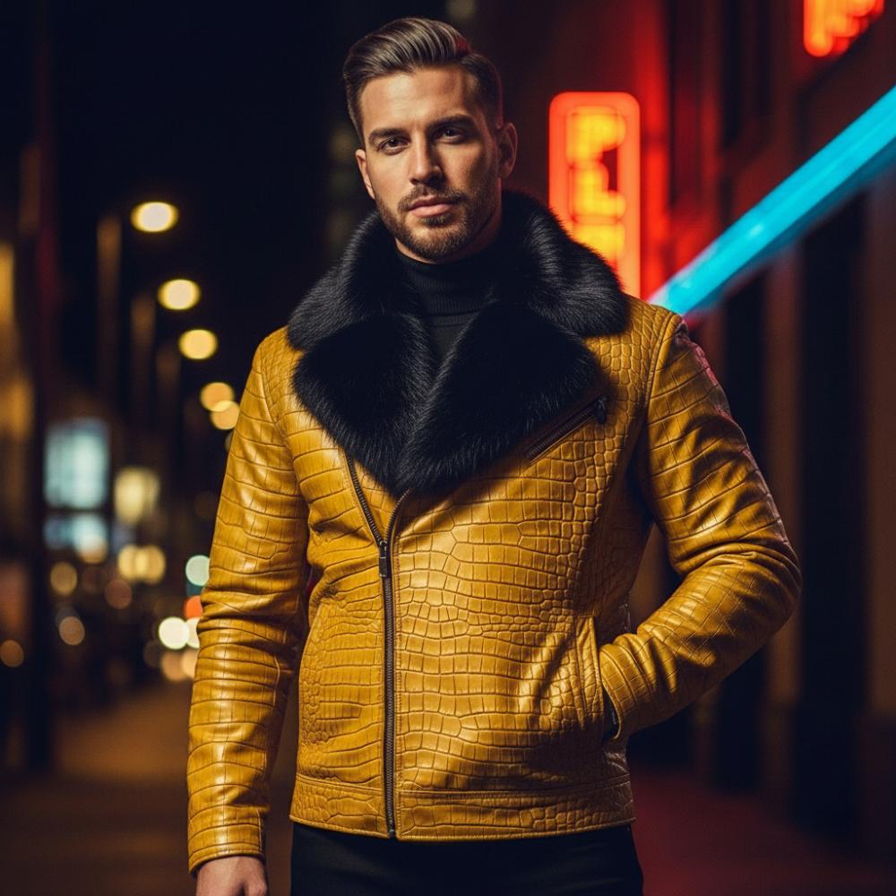 Yellow Crocodile Embossed Leather Jacket With Black Faux Fur