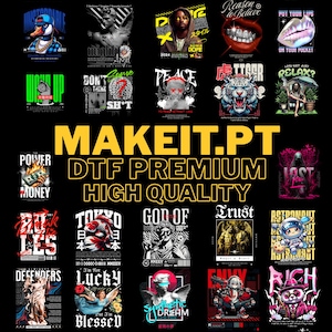 Peut inclure: Une collection de graphismes sur fond noir. Les motifs présentent diverses illustrations, dont une carpe koï, un chien, un canard et des textes tels que "Tokyo" et "Silence Speaks". Le texte "MAKEIT.PT DTF PREMIUM HIGH QUALITY" est également présent.