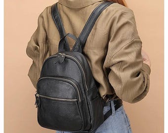 Black Leather Mini Backpack – Vintage Steampunk Style College Bag for Women