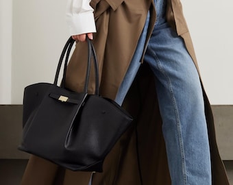 Large Genuine Leather Tote – Black Shoulder Bag for Women