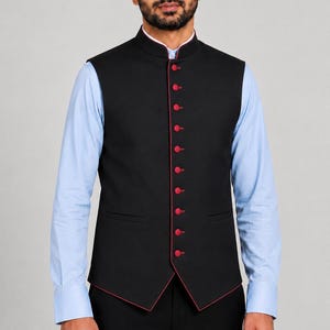 Men’s Black Clergy Vest with Red Piping, Roman Collar Pastor Church Vest