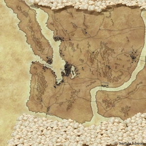 May include: A detailed, antique-style map with a sepia tone, featuring coastlines, rivers, and mountain ranges. The map includes intricate details of settlements and roads, with cloud illustrations at the top and bottom. The text "Starlight Inkworks" is visible.