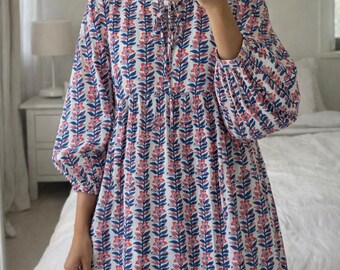 Florales Baumwollkleid für Frauen - Handgefertigtes Sommerkleid, Boho bedrucktes Minikleid, leichtes lässiges Tageskleid