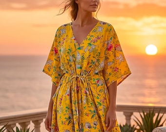 Handmade Yellow Cotton Kaftan Dress, Boho Floral Maxi, Beach Cover Up, Luxury Resort Wear, Lightweight Summer Dress for Women