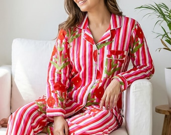 Handgemachte Baumwolle Pyjama Set | Floral Streifen Print Nachtwäsche