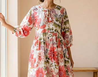 Handgefertigtes, geblümtes Baumwoll-Midikleid, leichtes Sommerkleid im Boho-Stil