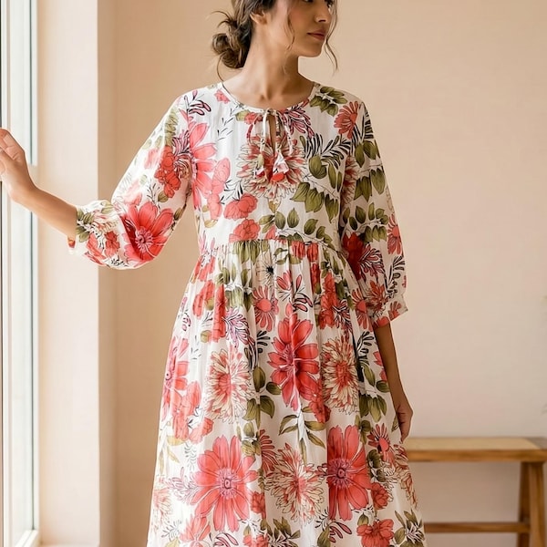 Handmade Floral Cotton Midi Dress, Lightweight Summer Boho Style