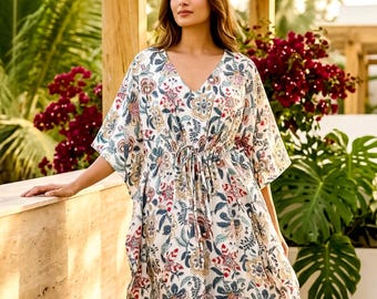 Floral Cotton Kaftan Dress | Hand Block Print Boho Maxi | Drawstring Beach Cover Up | Resort Wear V-Neck Tunic | Summer Lounge House Dress