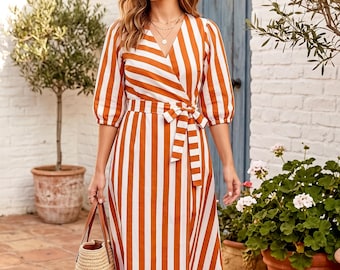 Handgefertigtes gestreiftes Baumwoll-Wickelkleid für Frauen | Sommer Midi Kleid | Leichtes Urlaubs Outfit | Puffärmel Boho Kleid | Alltagskleidung