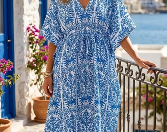 Blauwe bloemenkaftanjurk dames, katoenen strandkaftan, boho resortkledingjurk, lichtgewicht vakantie-outfit, mediterrane zomerjurk