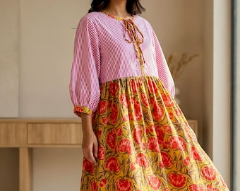 Handgemachtes Kleid aus Baumwollblock-Print - Rosa Boho Sommer Tunika, entspannte Passform für den Alltag