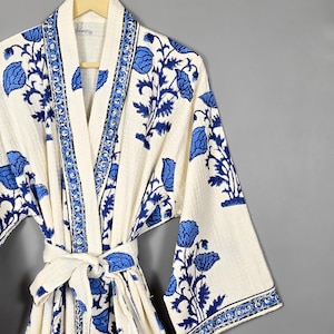 Handblock Printed Waffle Cotton Robe - Blue Floral Kimono Bathrobe