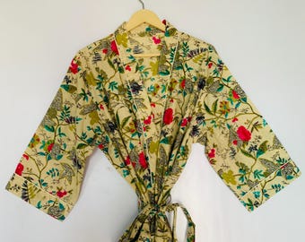 Batas de algodón de color beige / Batas de kimono suaves hechas a mano / Batas para playa / Batas estampadas de manga larga / Batas de dama de honor / Regalo para ella.