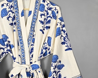 Handblock Printed Waffle Cotton Robe - Blue Floral Kimono Bathrobe