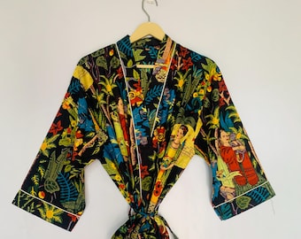 Batas kimono Farida Khalo / Kimono de tamaño único hecho a mano / Vestido largo para playa / Bata kimono para verano / Batas de dama de honor / Regalo para ella.