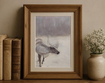 Nordic Reindeer in Snow Watercolor Fine Art Print | Winter Forest Animal Print | North Deer Wall Art | Scandi Decor | Giclée Poster