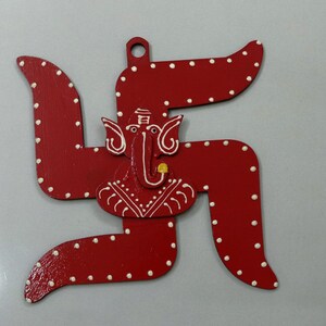 Handmade Wooden Swastik Wall Hanging with Lord Ganesha Design, Auspicious Home Entrance and Puja Room Decor for Positive Energy