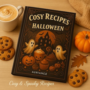 May include: A black cookbook titled "COSY RECIPES HALLOWEEN" with illustrations of ghosts, pumpkins, and a haunted house. The image includes chocolate chip cookies, a pumpkin, a cup of coffee, and a cozy sweater.