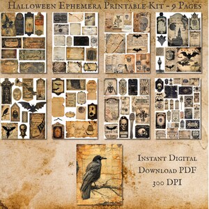 Peut inclure: Un kit numérique imprimable d'éphémères d'Halloween avec neuf pages. Le kit comprend des étiquettes, des étiquettes et des illustrations de chauves-souris, de crânes et d'un corbeau de style vintage. Le texte "Halloween Ephemera Printable Kit - 9 Pages" est en haut.