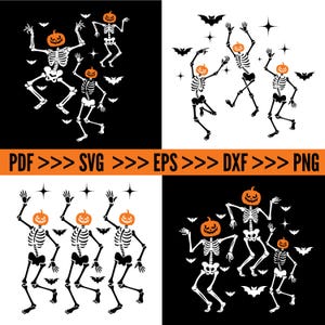 Könnte beinhalten: Ein Halloween-Design mit tanzenden Skeletten mit Kürbisköpfen, Fledermäusen und Sternen. Das Design ist in Schwarz und Weiß mit orangefarbenen Akzenten gehalten. Der Text unten lautet "PDF >>> SVG >>> EPS >>> DXF >>> PNG".