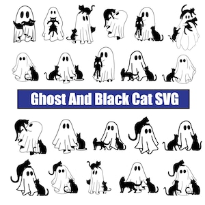 May include: A collection of black and white illustrations featuring ghosts and black cats. The ghosts are depicted with simple, rounded shapes, and the cats are in various poses. The text "Ghost And Black Cat SVG" is displayed in a blue rectangle.