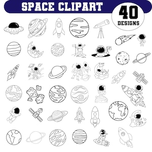 以下が含まれることがあります： 40種類のデザインが施された、白黒の宇宙をテーマにしたクリップアート。惑星、ロケット、宇宙飛行士、望遠鏡、衛星、UFOが含まれています。「SPACE CLIPART」の文字が上部にあり、「40 DESIGNS」が円で囲まれています。